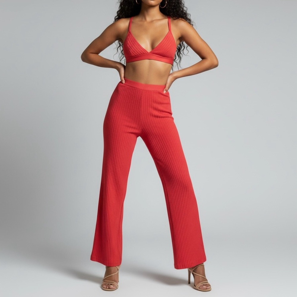 House of CB Rowena Ribbed Bandage Trouser Pants High Rise Pink Red S